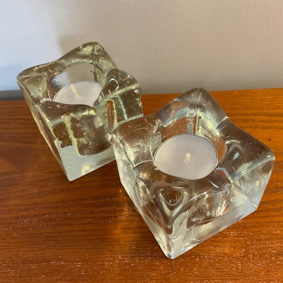 Vintage Clear Glass Square Ice Cube Candle Holders - Set of Two - Picture 4 of 16